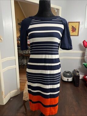 Michael Kors Navy, White & Orange Striped Midi Dress one call out see picture pl